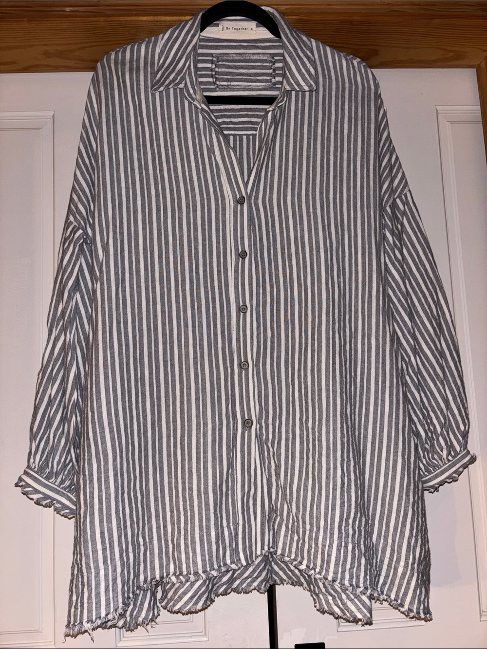 By Together women’s White and Gray Vertical Linen Stripe Button-Down Shirt